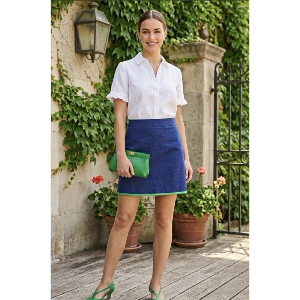 J. Crew Navy w Green Trim Pencil Skirt 12 Preppy mini Nautical Coastal Textured